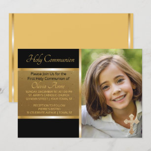 Première Communion Black Gold Photo Invitation
