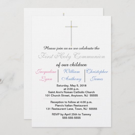 Première Communion bleu rose Triplets Invitation (Devant / Derrière)