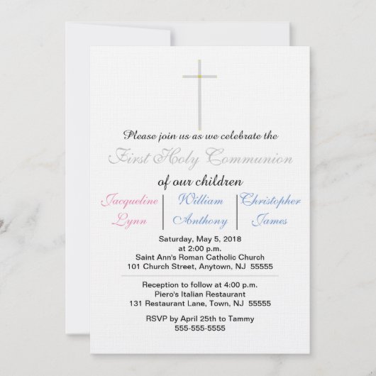 Première Communion bleu rose Triplets Invitation (Devant)