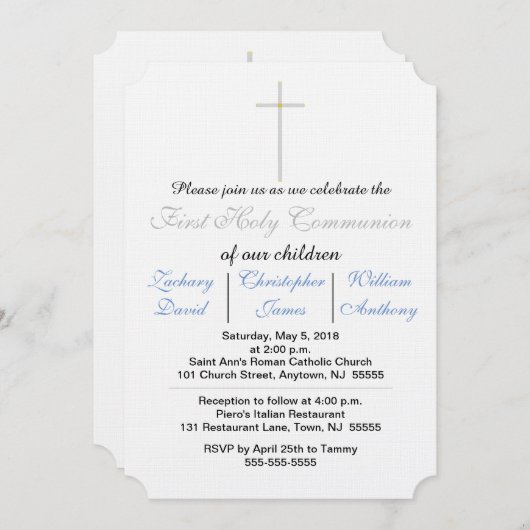 Première Communion Bleue Triplets Invitations (Devant / Derrière)