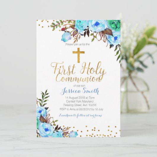 Première Communion Blue Invitation Boy (Debout devant)