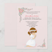 Première communion Brunette Girl Pink Invitation (Devant / Derrière)