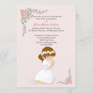 Première communion Brunette Girl Pink Invitation