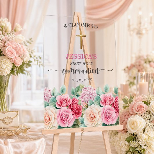 Première communion de fille Croix d'or Roses Flora