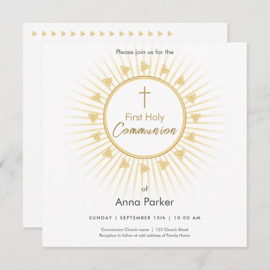 Première Communion Gold avec Croix, Invitation (Devant / Derrière)
