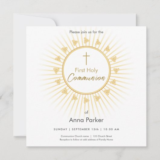 Première Communion Gold avec Croix, Invitation (Devant)