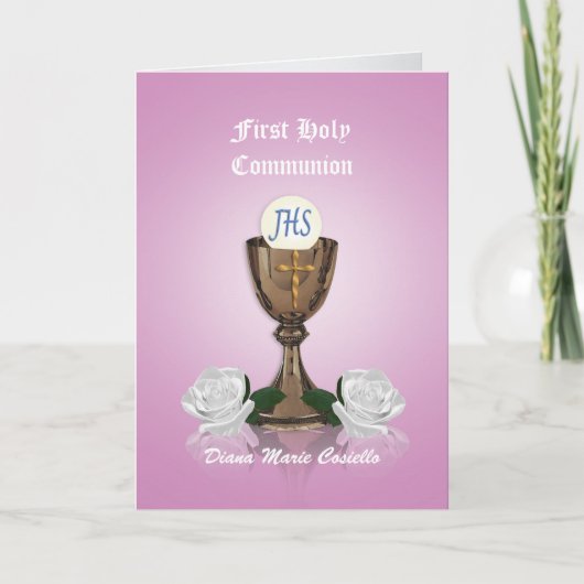 Première communion invitation Chalice sur rose (Devant)