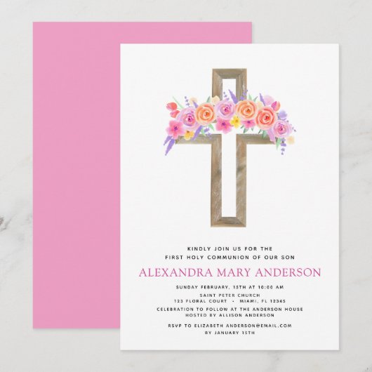 Première Communion Pastel Floral Pink Invitation (Devant / Derrière)