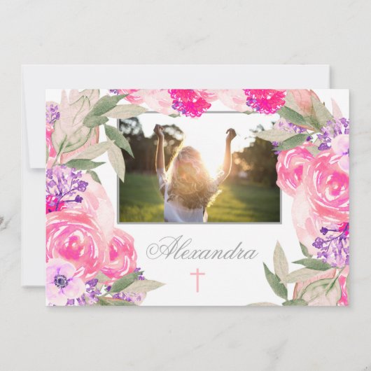 Première Communion Photo Florale Roses Invitation (Dos)