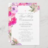 Première Communion Photo Florale Roses Invitation (Devant / Derrière)
