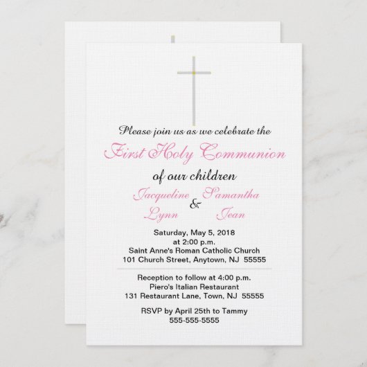 Première Communion Pink Twins Invitations (Devant / Derrière)