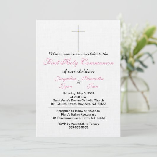 Première Communion Pink Twins Invitations (Debout devant)