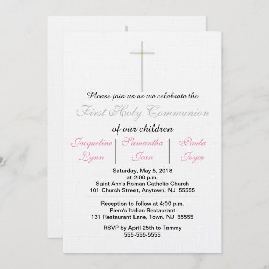 Première Communion rose Triplets Invitations (Devant / Derrière)