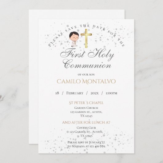 Première communion sacrée Invitation pour garçon (Devant / Derrière)