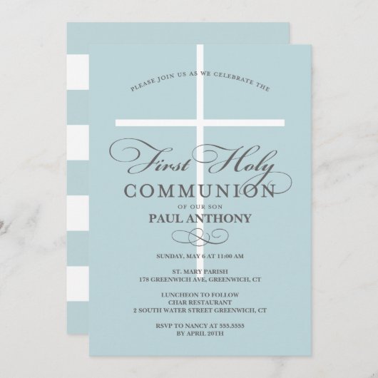 Première Communion Sainte Invitation Bleu (Devant / Derrière)