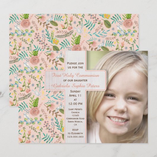 Première communion solennelle Floral | Cartes de p (Devant / Derrière)