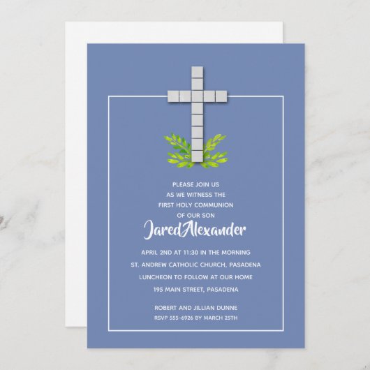 Première communion sur les invitations bleues (Devant / Derrière)