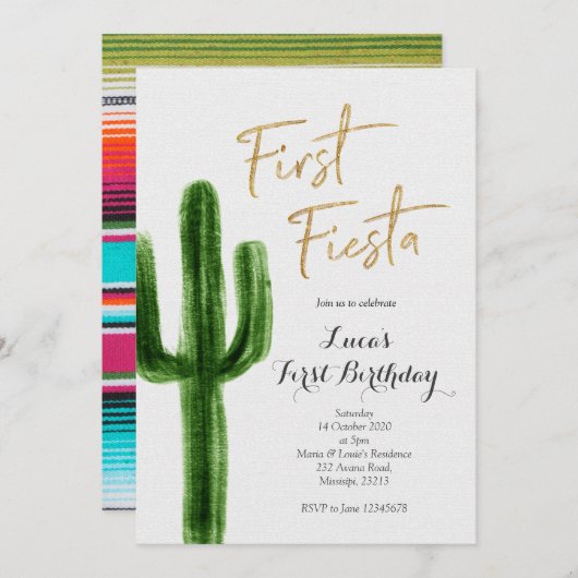 Première Fiesta Cactus Invitation Anniversaire (Devant / Derrière)