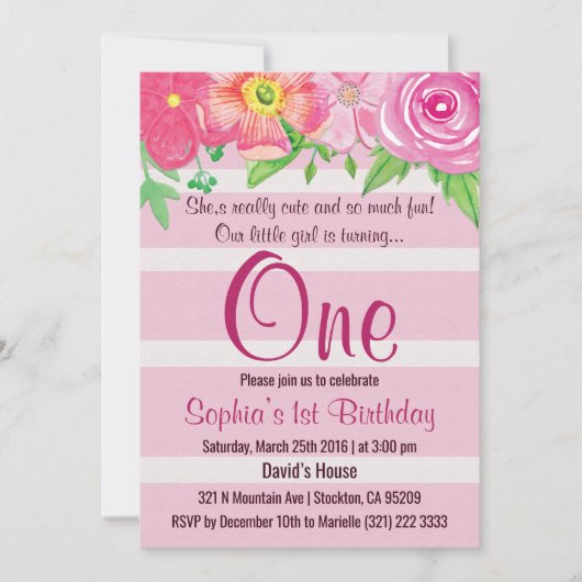 Première fille 1er anniversaire Invitation de fête (Devant)