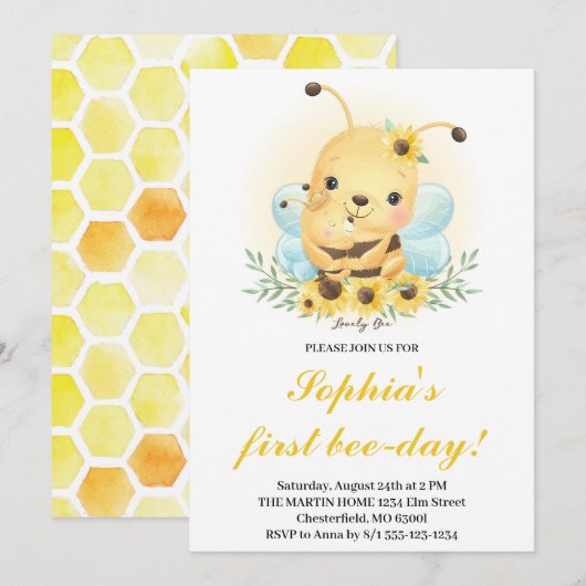 Première Invitation d'anniversaire Bee-Day Bee Hon (Devant / Derrière)