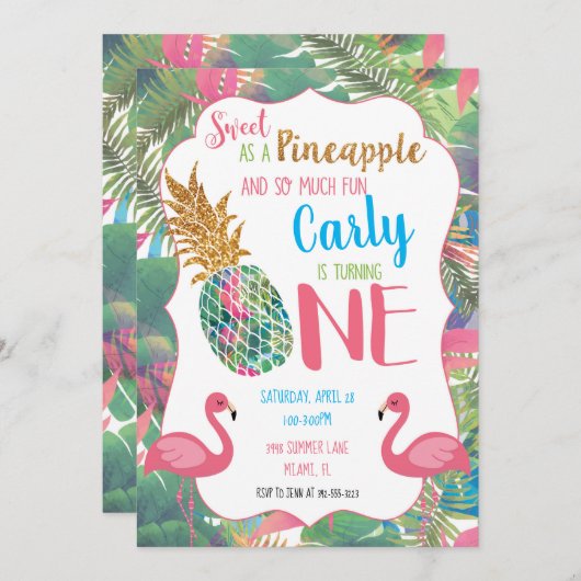 Première invitation d'anniversaire d'ananas doux (Devant / Derrière)