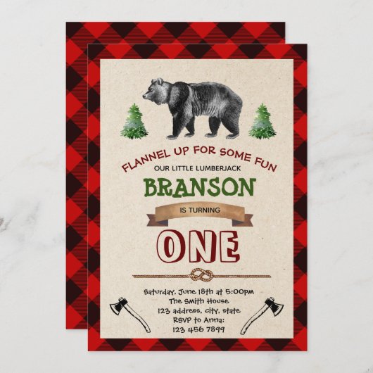 Première invitation d'anniversaire de bûcheron (Devant / Derrière)