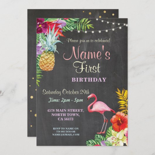 Première invitation d'anniversaire de Flamant rose (Devant / Derrière)