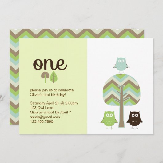 Première invitation d'anniversaire de hibou (Devant / Derrière)