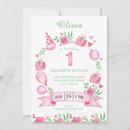 Première Invitation d'anniversaire de la fille ros (Devant)