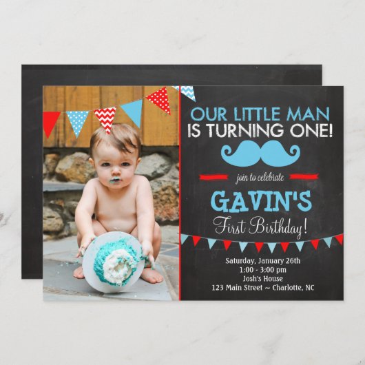 Première invitation d'anniversaire de moustache (Devant / Derrière)