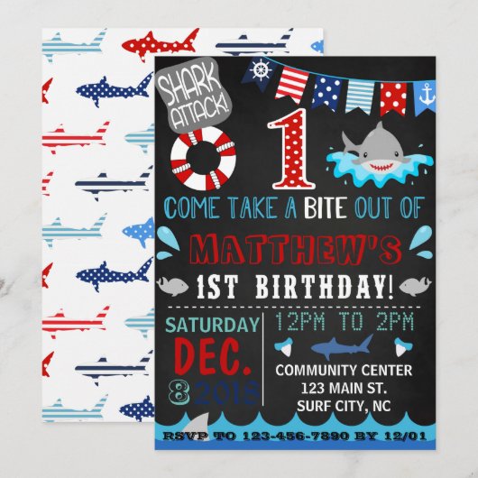 première invitation d'anniversaire de requin (Devant / Derrière)