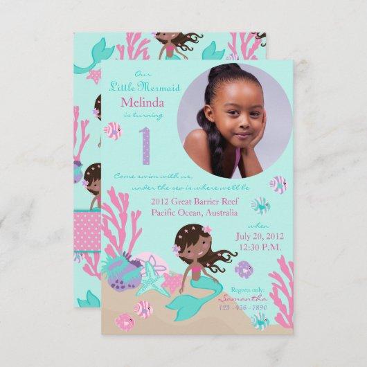 Première invitation d'anniversaire de sirène (Devant / Derrière)