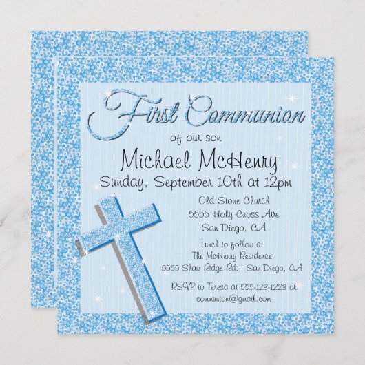 Première invitation de communion de bleu éclatant (Devant / Derrière)