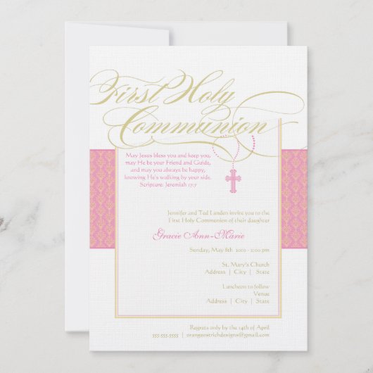 Première invitation de communion de fille - rose 5 (Devant)