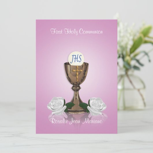 Première invitation de communion rose (Debout devant)