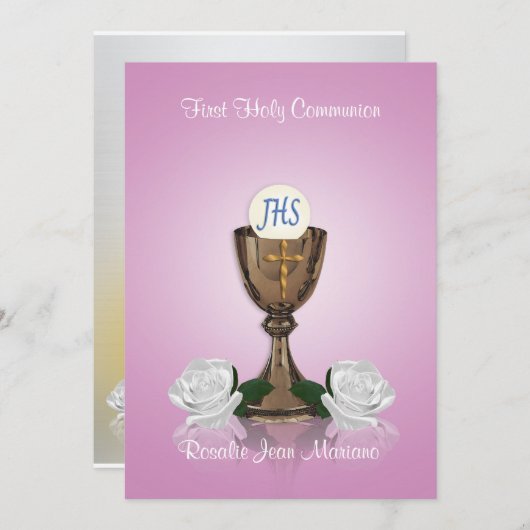 Première invitation de communion rose (Devant / Derrière)