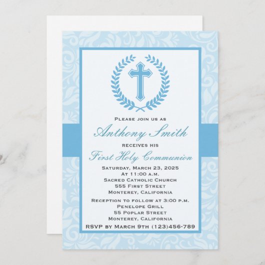 Première invitation de Comunion du garçon (Devant / Derrière)