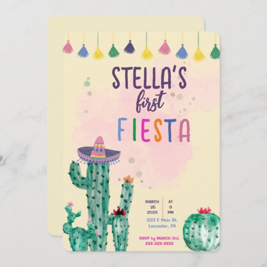 première invitation de premier anniversaire FIESTA (Devant / Derrière)