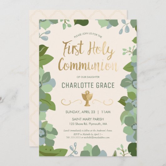 Première invitation de sainte communion, florale (Devant / Derrière)