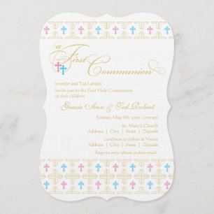 Première invitation jumelle de communion de garçon
