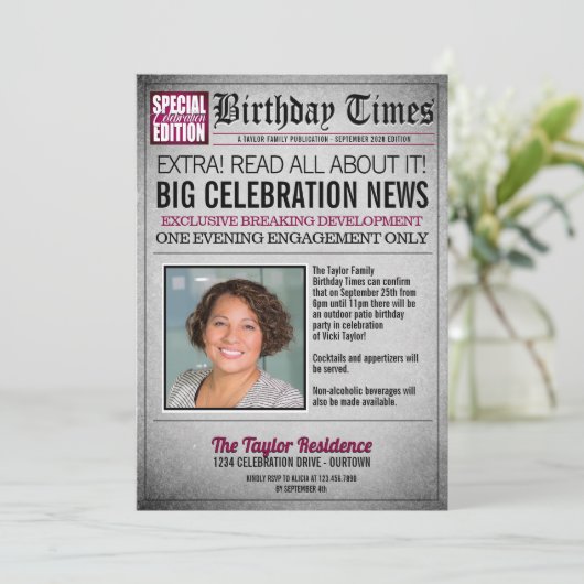 Première page Journal Anniversaire Fête Invitation (Debout devant)