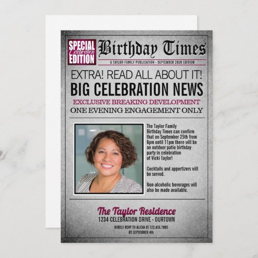 Première page Journal Anniversaire Fête Invitation (Devant / Derrière)