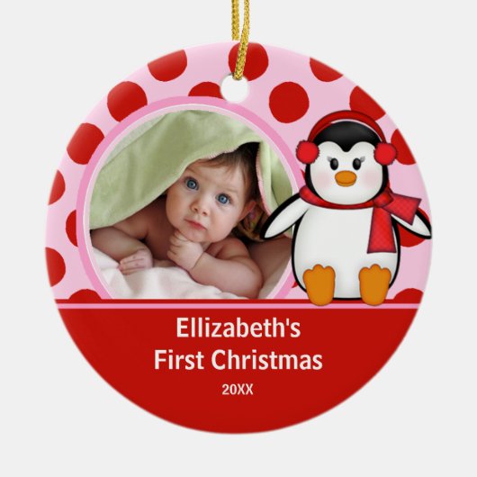Première photo de Noël de bébé Ornement Pingouin (Devant)