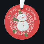 Première photo de Noël du bébé Snowman Snowflakes<br><div class="desc">Cet ornement de Noël présente un joli modèle fantaisiste de bonhomme de neige et de flocon de neige avec une fausse parties scintillant d'or. Personnalisez le dos avec le nom,  l'année et la photo. Ce modèle fonctionne le mieux avec les photos au format paysage avec le bébé au centre.</div>