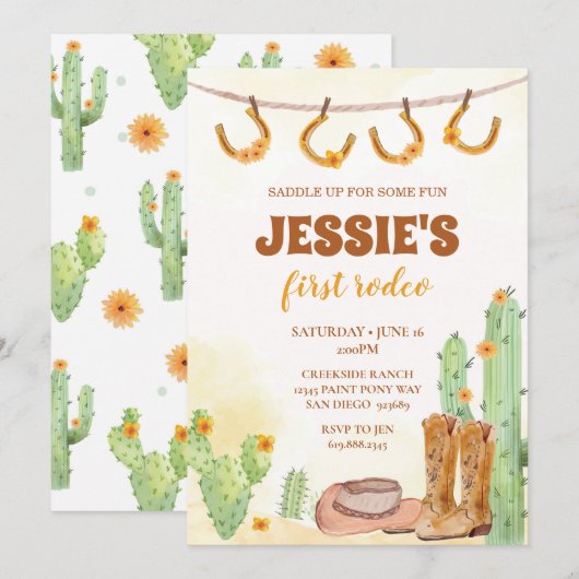 Première Rodéo Cowgirl Invitation Anniversaire (Devant / Derrière)
