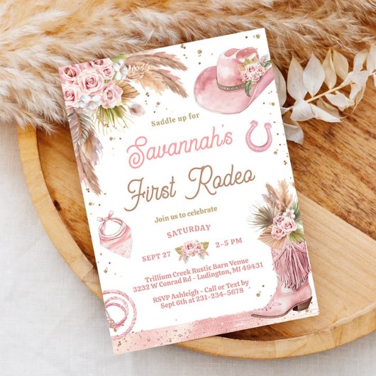 Première Rodéo de Boho rose 1er Invitation anniver