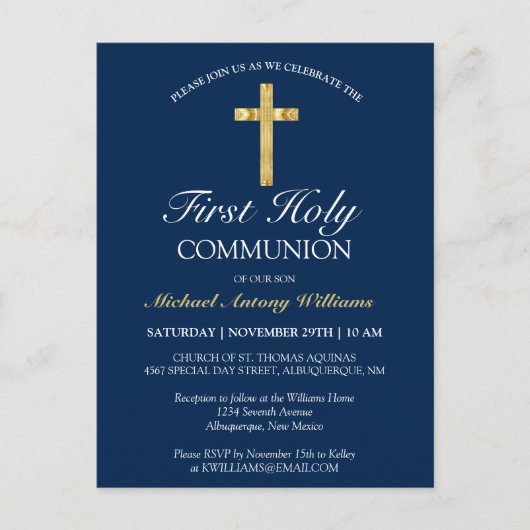 Première Sainte Communion Croix d'or Invitation bl (Devant)