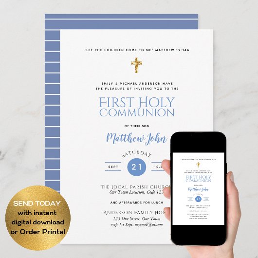 Première Sainte Communion GARYS bleu Invitations