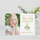 Première Sainte Communion Green Floral Invitation (Debout devant)