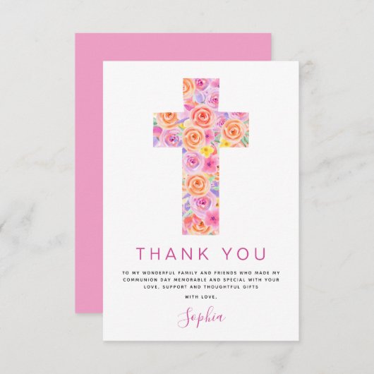 Première Sainte Communion Merci Floral Rose Rose R (Devant / Derrière)